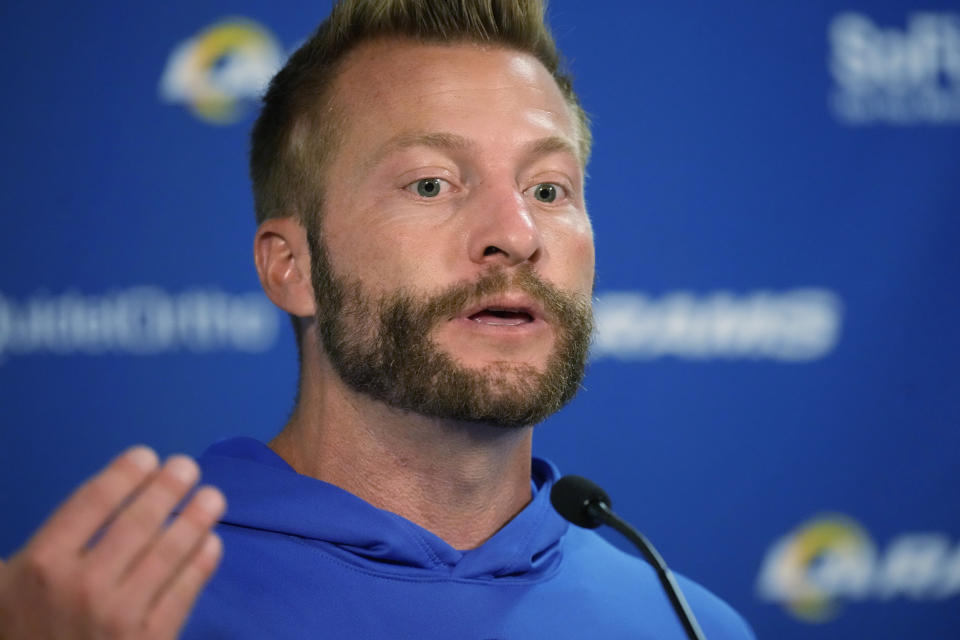 Los Angeles Rams coach Sean McVay speaks during a news conference after the team's NFL preseason football game against the Denver Broncos on Saturday, Aug. 26, 2023, in Denver. (AP Photo/David Zalubowski)