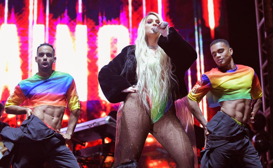 The L.A. Pride Festival headliner rocked a rainbow-colored bodysuit during her knockout set, which included her hits, "All About That Bass" and "Lips Are Movin'."