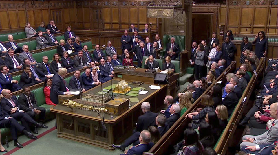 Britain's Prime Minister Boris Johnson addresses the new Speaker of the House of Commons Sir Lindsay Hoyle, in London, Britain November 4, 2019, in this screen grab taken from video. Parliament TV via REUTERS. THIS IMAGE HAS BEEN SUPPLIED BY A THIRD PARTY.