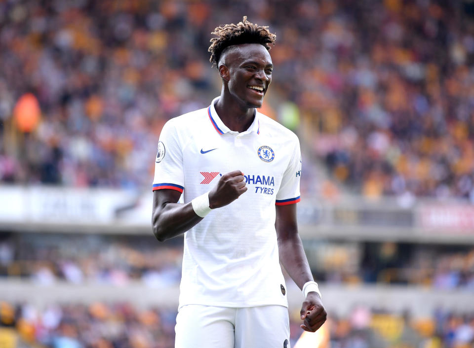 WOLVERHAMPTON, ENGLAND - SEPTEMBER 14: Tammy Abraham of Chelsea celebrates after scoring his team's third goal during the Premier League match between Wolverhampton Wanderers and Chelsea FC at Molineux on September 14, 2019 in Wolverhampton, United Kingdom. (Photo by Laurence Griffiths/Getty Images)