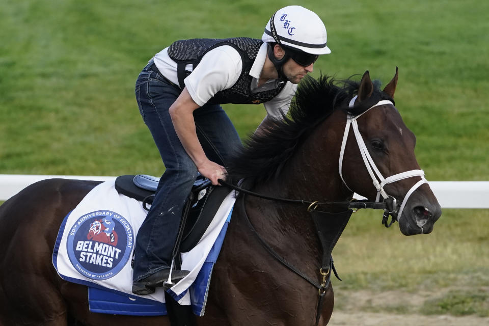 Angel of Empire trains ahead of the Belmont Stakes horse race, Friday, June 9, 2023, at Belmont Park in Elmont, N.Y. (AP Photo/John Minchillo)