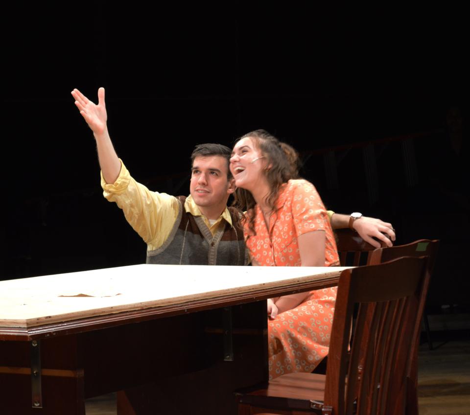 Christian Dunne, left, and Theresa Thomas rehearse a scene from “Dawn’s Early Light,” a new musical written by University of Notre Dame student Solomon Duane that premieres Feb. 23 and continues through March 5, 2023, at the DeBartolo Performing Arts Center. It takes place in the 1940s amid the flashing colors of the World War II home front and the swinging sounds of the Big Band era.