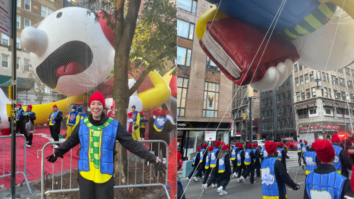 The author, left, prior to carrying the Diary of a Wimpy Kid balloon at the Thanksgiving Day Parade. Right, the view from underneath one of the giant balloons.