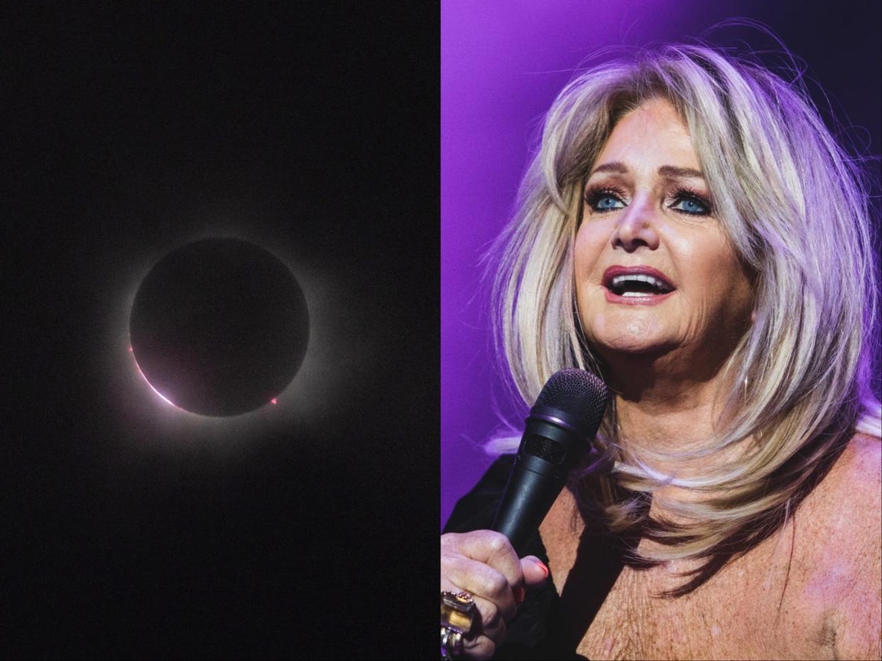 Composite image of an eclipse and Bonnie Tyler.