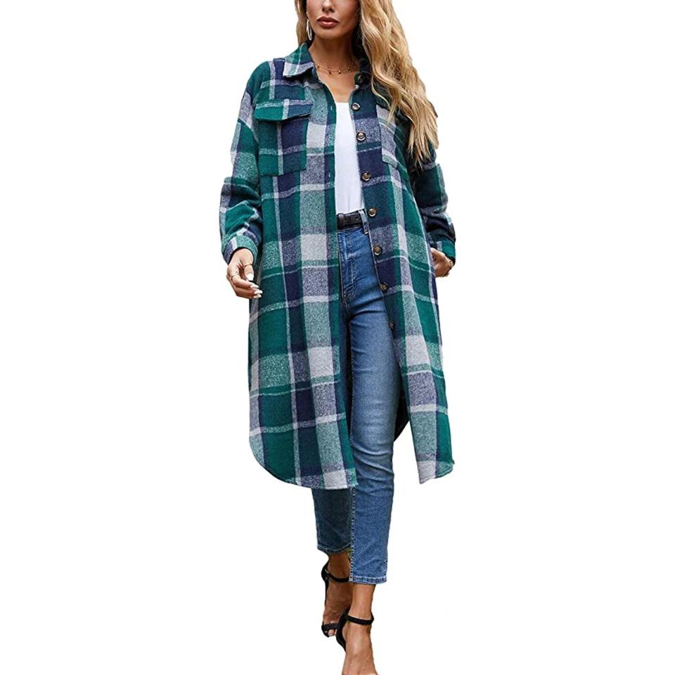 Omoone Women's Lounge Lapel Button Up Long Sleeve Plaid Long Shirt Jacket Shacket