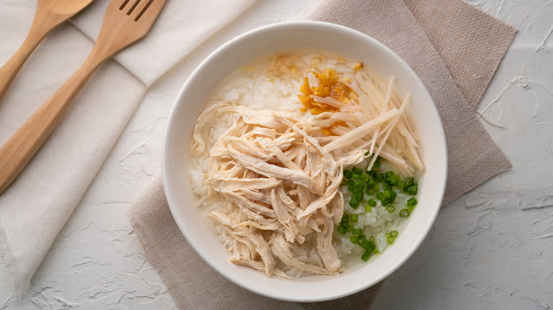 bowl of chicken and rice congee