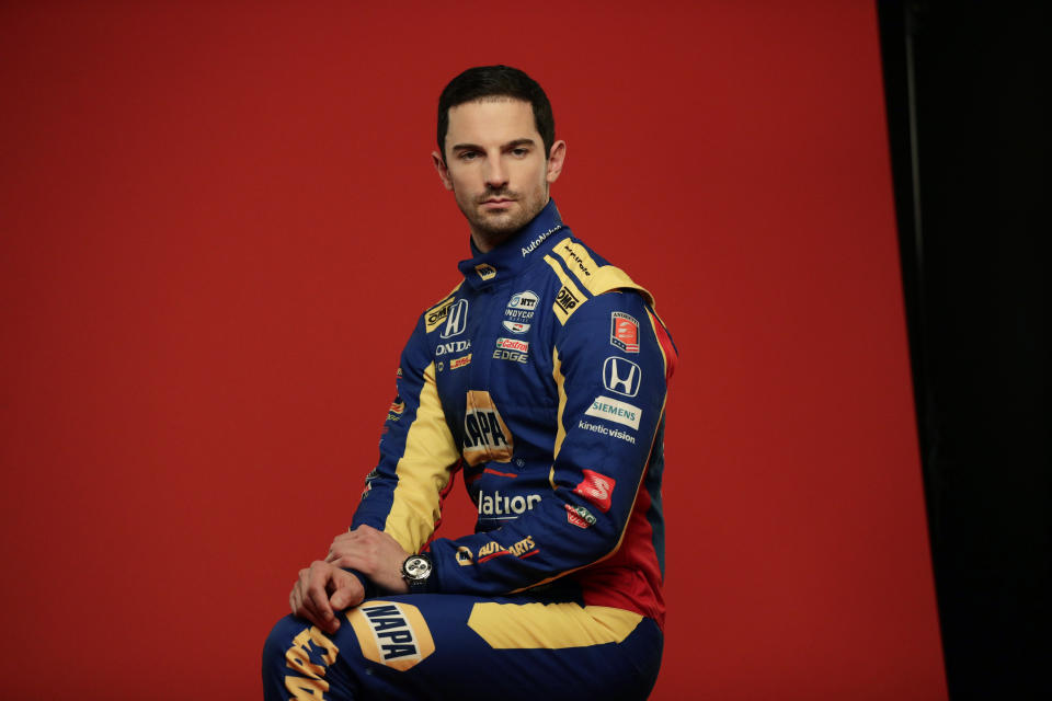 In this Feb. 10, 2020, photo, IndyCar driver Alexander Rossi poses for photos during IndyCar Media Day in Austin, Texas. Rossi, Scott Dixon and the rest of the IndyCar drivers were in sunny Florida around spring break ready to start the season. (AP Photo/Eric Gay)