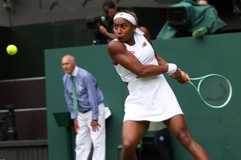 Coco Gauff (pictured) will face fellow American Emma Navarro in the fourth round of Wimbledon 2024 on Sunday in London. Photo by Hugo Philpott/UPI