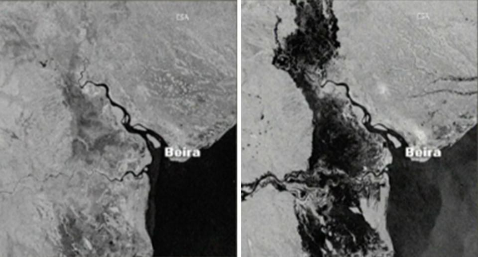 Before and after images of the floods caused by Cyclone Idai. Source: European Space Agency