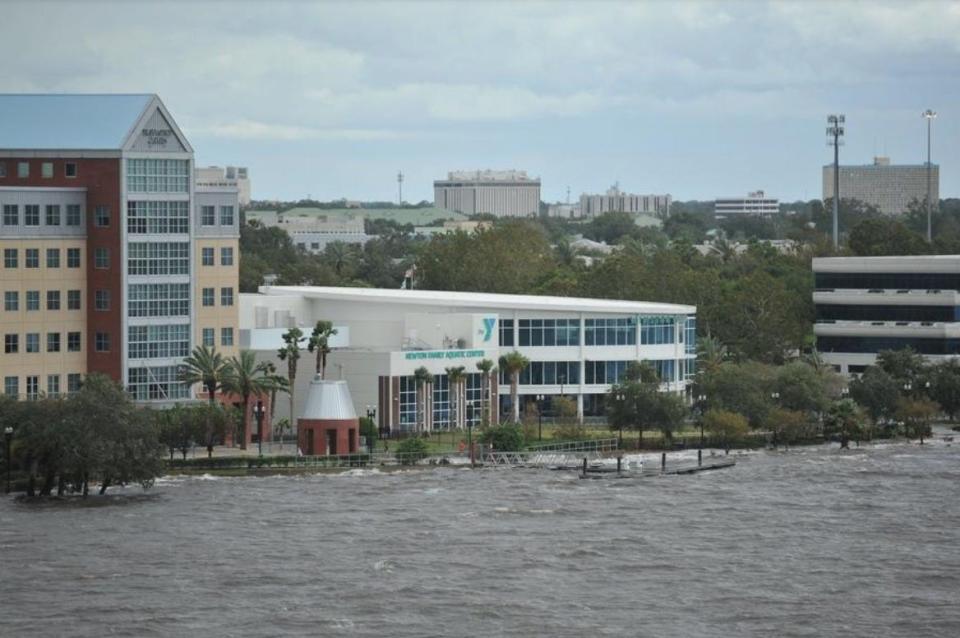 Much of the low-lying areas on Jacksonville's Northbank Riverwalk was underwater after the storm surge in the St Johns River from Hurricane Irma forced water over its banks.