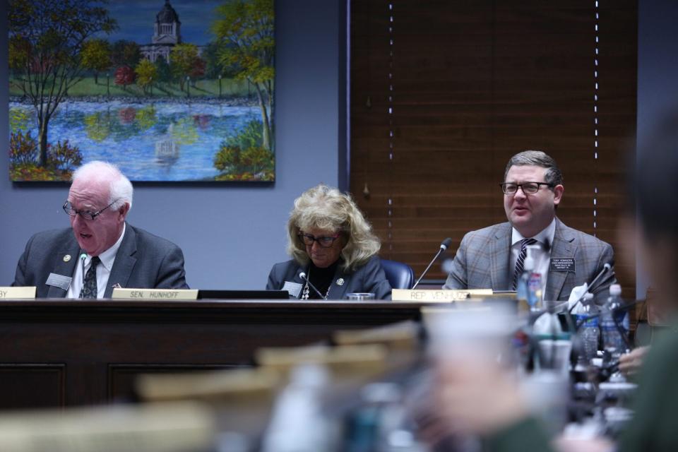 From left, Rep. Mike Derby, R-Rapid City; Sen. Jean Hunhoff, R-Yankton; and Rep. Tony Venhuizen, R-Sioux Falls, participate in a Joint Appropriations Committee hearing in January 2024 at the Capitol in Pierre.