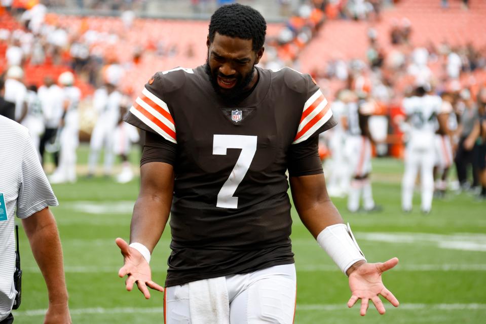 Cleveland Browns quarterback Jacoby Brissett (7) reacts as he leaves the field of an NFL football game against New York Jets, Sunday, Sept. 18, 2022, in Cleveland. The Jets won 31-30. (AP Photo/Ron Schwane)