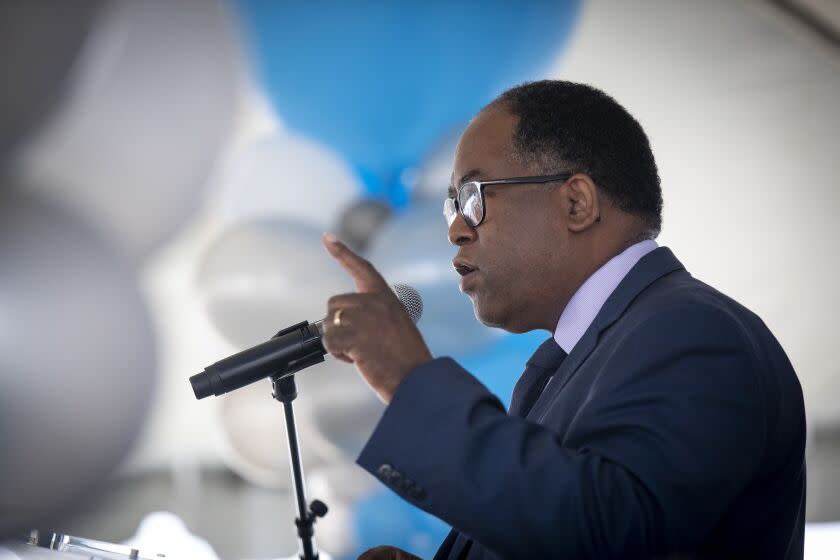 LOS ANGELES, CA - OCTOBER 21: Los Angeles County Supervisor Mark Ridley-Thomas speaks at a ground-breaking ceremony of the SEED School of Los Angeles County (SEED LA), the Vermont Manchester Transit Priority Project on property acquired through eminent domain in 2018 Wednesday, Oct. 21, 2020 in Los Angeles, CA. LA County, Metro and their partners are kicking off the first phase of the development: the SEED School of Los Angeles County (SEED LA), the state's first public boarding high school. The second phase will include building 180 affordable apartments, a Metro Job and Innovation Center and community-serving retail stores. (Allen J. Schaben / Los Angeles Times)