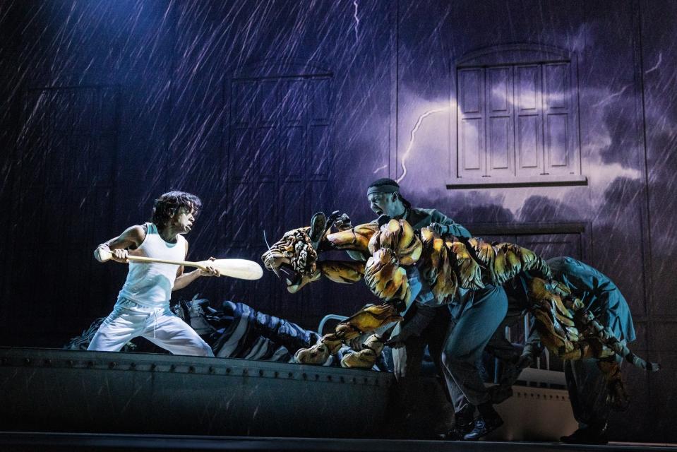 Hiran Abeysekera, left, and Richard Parker in the Broadway production of “Life of Pi.”
