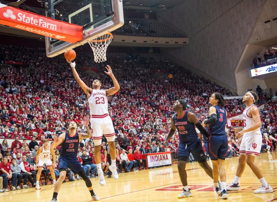 Indiana's Trayce Jackson-Davis (23) scores during the second half during the Indiana versus Jackson State men's basketball game at Simon Skjodt Assembly Hall on Friday, Nov. 25, 2022.