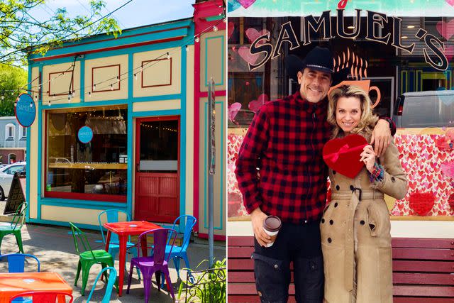 <p>Courtesy Samuel's Sweet Shop</p> Samuel's Sweet Shop's exterior and Jeffrey Dean Morgan and Hilarie Burton at the store.