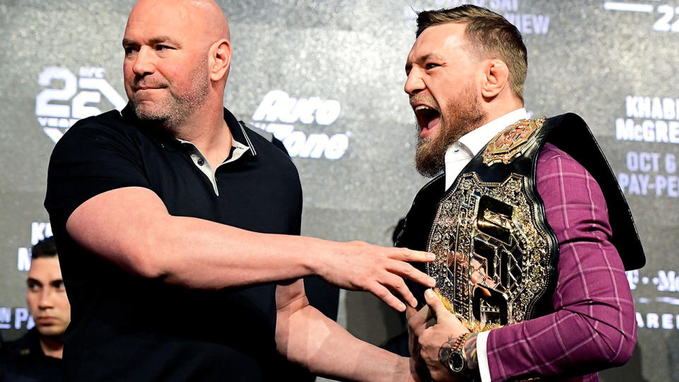 Conor McGregor is held back by UFC President Dana White during the UFC 229 Press Conference at Radio City Music Hall on September 20, 2018 in New York City. (Photo by Steven Ryan/Getty Images)