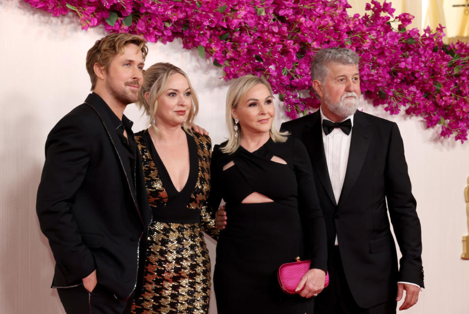 HOLLYWOOD, CALIFORNIA - MARCH 10: (L-R) Ryan Gosling, Mandi Gosling, Donna Gosling, and Valerio Attanasio attend the 96th Annual Academy Awards on March 10, 2024 in Hollywood, California. (Photo by Mike Coppola/Getty Images)<p>Mike Coppola/Getty Images</p>