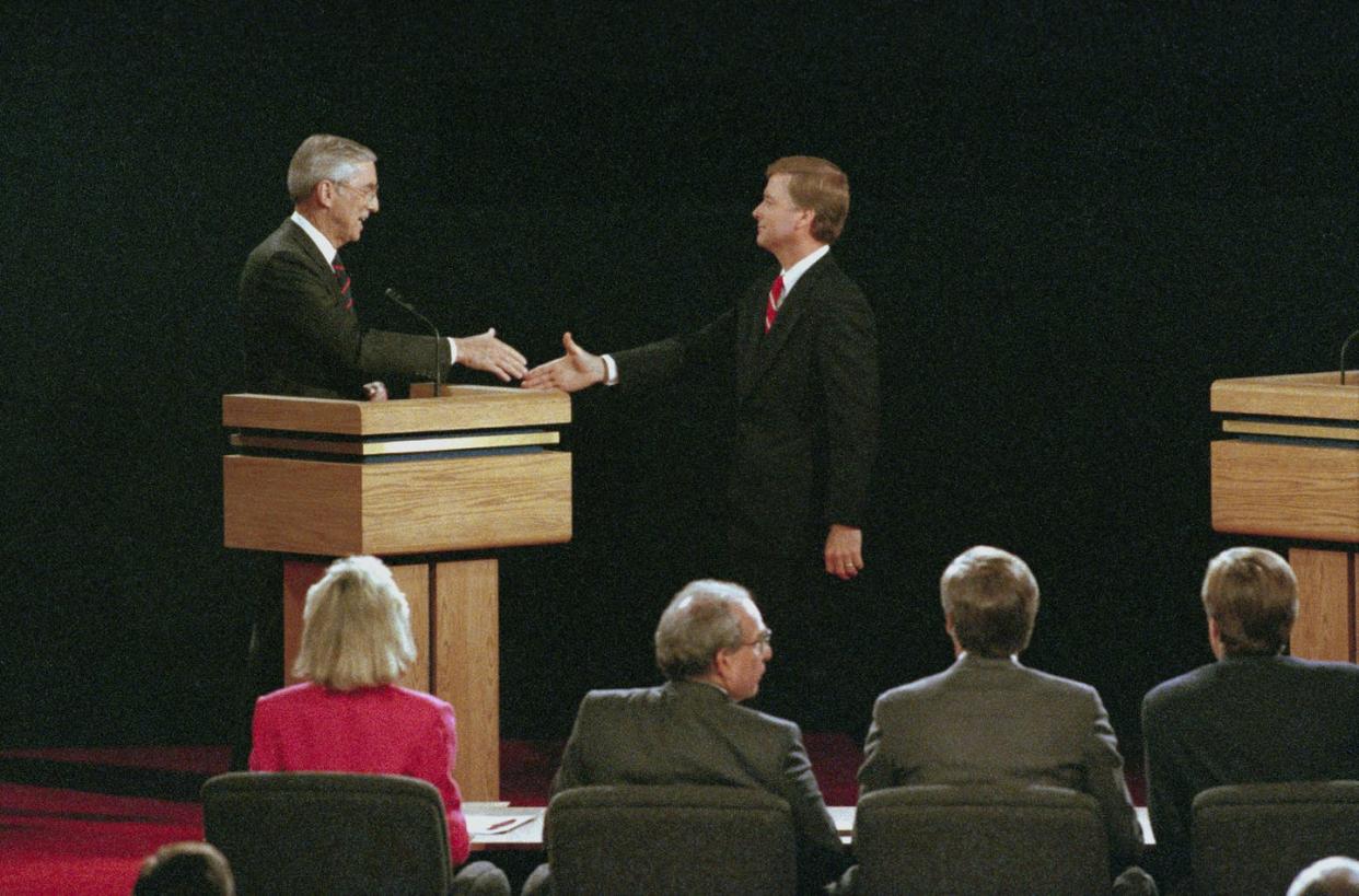<span class="caption">Texas Sen. Lloyd Bentsen, left, had something to celebrate after the 1988 vice presidential debate. Quayle not so much.</span> <span class="attribution"><a class="link " href="https://www.gettyimages.com/detail/news-photo/following-their-vice-presidential-debate-senators-lloyd-news-photo/515429068?adppopup=true" rel="nofollow noopener" target="_blank" data-ylk="slk:Bettmann via Getty;elm:context_link;itc:0;sec:content-canvas">Bettmann via Getty</a></span>