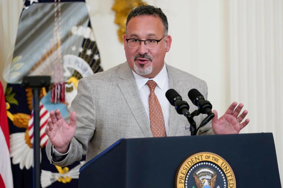 Education Secretary Miguel Cardona speaks in the East Room of the White House in Washington, April 27, 2022. (AP Photo/Susan Walsh, File)