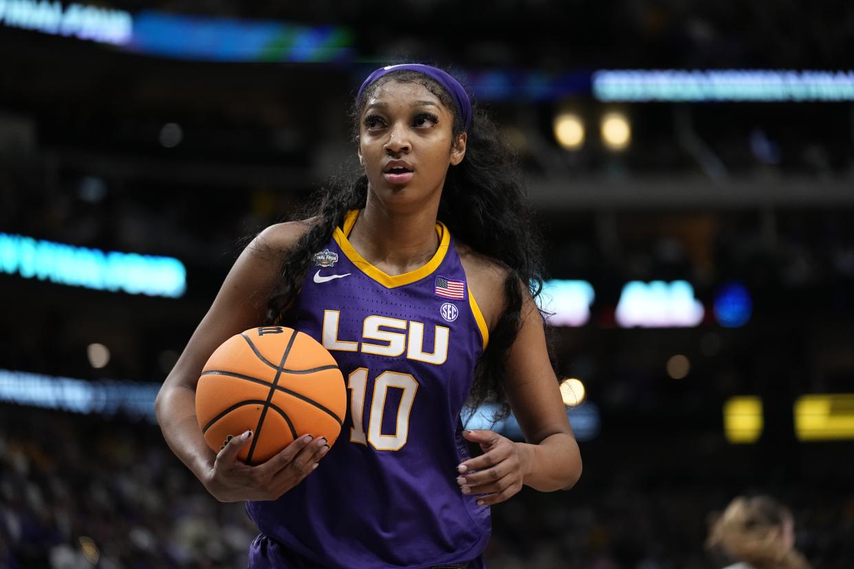 LSU's Angel Reese during an NCAA Women's Final Four semifinals basketball game against Virginia Tech Friday, March 31, 2023, in Dallas. (AP Photo/Darron Cummings)