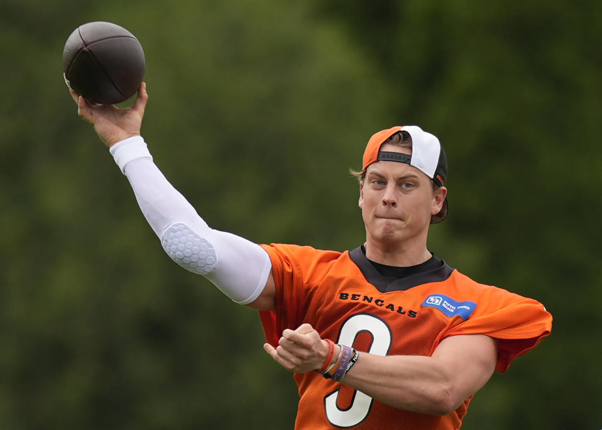 Cincinnati Bengals quarterback Joe Burrow throws during a practice on Tuesday. (AP Photo/Carolyn Kaster)