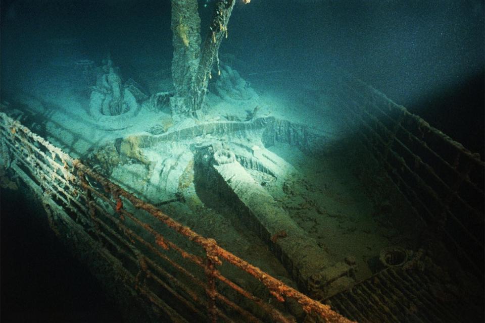 A spare anchor sits in its well on the forepeek of the shipwrecked Titanic.