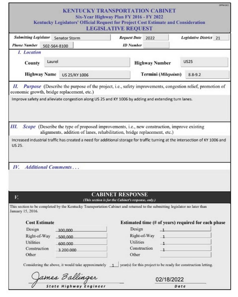 A copy of Sen. Brandon Storm’s, R-London, request for improvements at the intersection serving the industrial park where London Mayor Randall Weddle’s business is located.