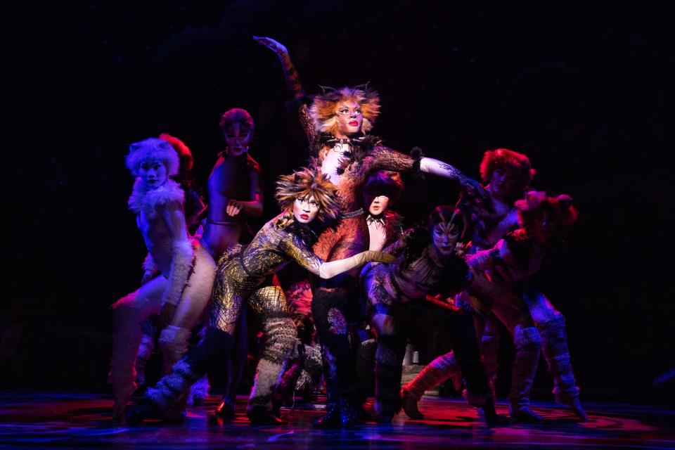 Lauren Louis as Demeter, Chelsea Nicole Mitchell as Bombalurina, and the company of the 2021-2022 national tour of CATS