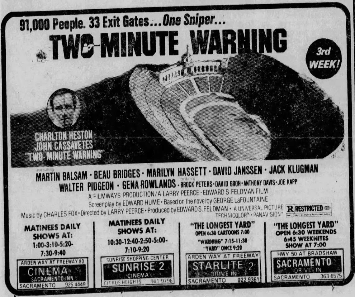 Showing times for the film “A Longest Yard” are advertised in a Nov. 24, 1976, story in The Sacramento Bee. The newspaper clipping references two drive-in theaters: the now-closed Starlite 2 drive-in and the Sacramento 6.