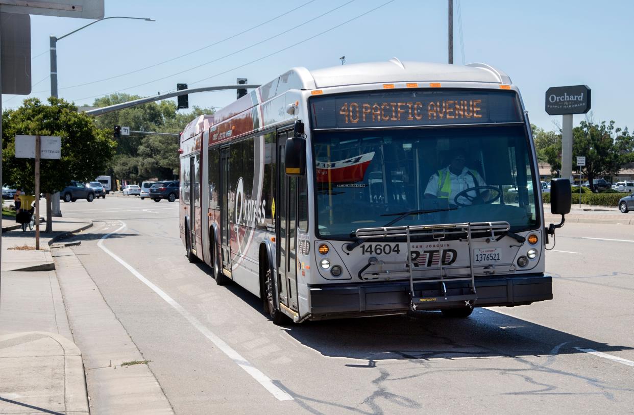 The RTD Metro Express bus turns onto Hammer Lane to enter the Hammer Lane transit hub in north Stockton.