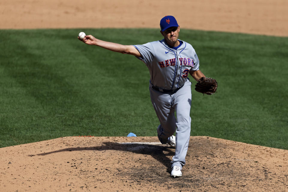 New York Mets pitcher Jared Hughes delivers a pitch against the New York Yankees during the seventh inning of the first baseball game of a doubleheader, Sunday, Aug. 30, 2020, in New York. The Yankees won 8-7. (AP Photo/Adam Hunger)