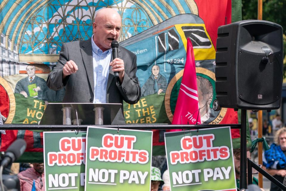 RMT general secretary Mick Lynch at a rally in support of striking rail workers at King’s Cross station in central London (Dominic Lipinski/PA) (PA Wire)