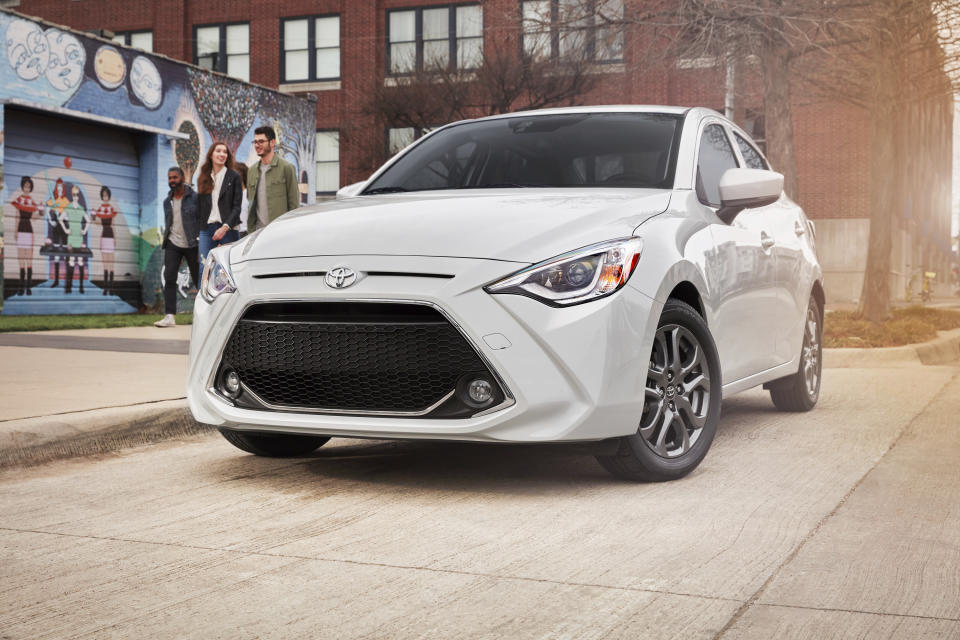 This photo provided by Toyota shows the 2020 Toyota Yaris, a small, fun-to-drive sedan or hatchback with Mazda underpinnings. It will be discontinued after the 2020 model year. With the rampant popularity of SUVs, small, cheap cars are riding off into the sunset. If you need an efficient and low-priced vehicle, we suggest getting one of these sub-$25,000 models now before they’re gone for good. (Toyota Motor Sales U.S.A. via AP)