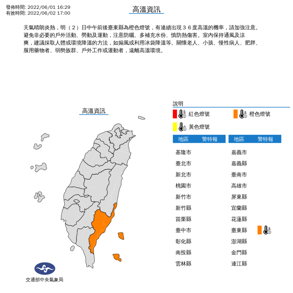 氣象局針對台東縣發布高溫特報。（圖／翻攝自中央氣象局）