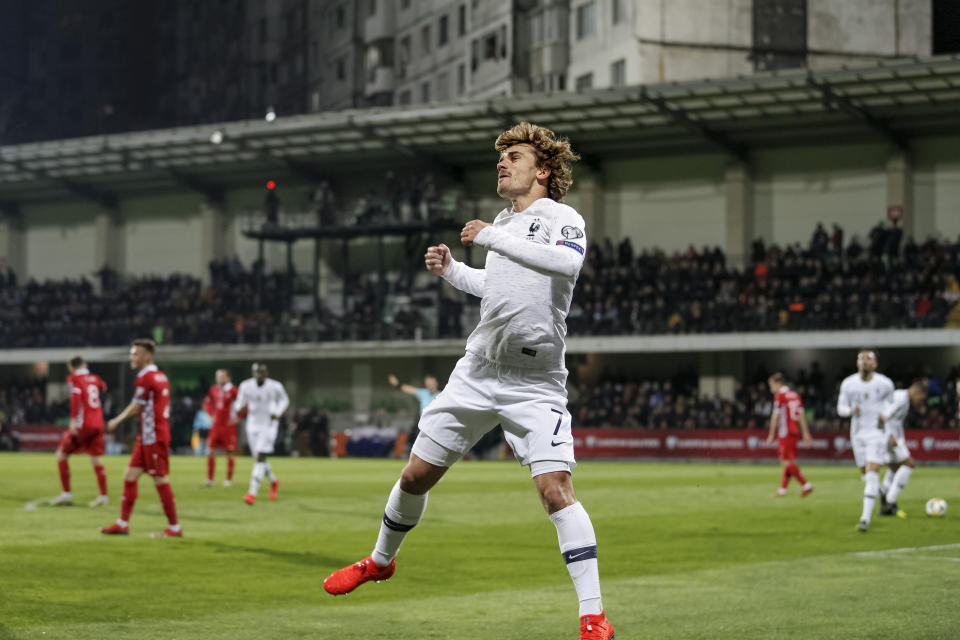 France's Antoine Griezmann celebrates after a goal during the Euro 2020 group H qualifying soccer match between Moldova and France at Zimbru stadium in Chisinau, Moldova, Friday, March 22, 2019. (AP Photo/ Roveliu Buga)