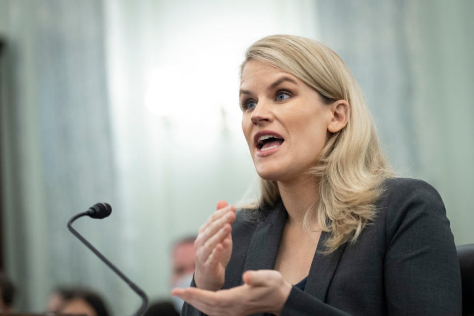 Former Facebook employee Frances Haugen testifies during a Senate Committee on Commerce, Science, and Transportation hearing entitled 'Protecting Kids Online: Testimony from a Facebook Whistleblower' on Capitol Hill Oct. 5, 2021 in Washington, DC.<span class="copyright">Drew Angerer—Getty Images</span>