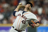 Houston Astros relief pitcher Ryne Stanek throws during the 10th inning in Game 1 of baseball's World Series between the Houston Astros and the Philadelphia Phillies on Friday, Oct. 28, 2022, in Houston. (AP Photo/Eric Gay)