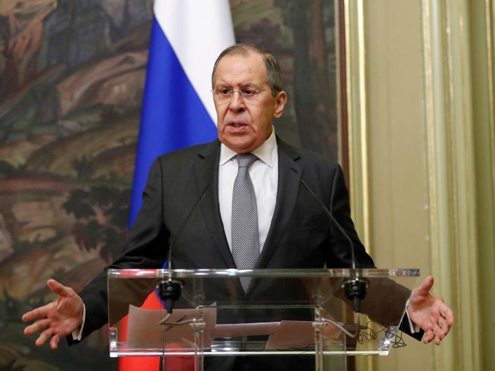 Russian Foreign Minister Sergei Lavrov gestures during a press conference following talks with his Italian counterpart in Moscow, on February 17, 2022.