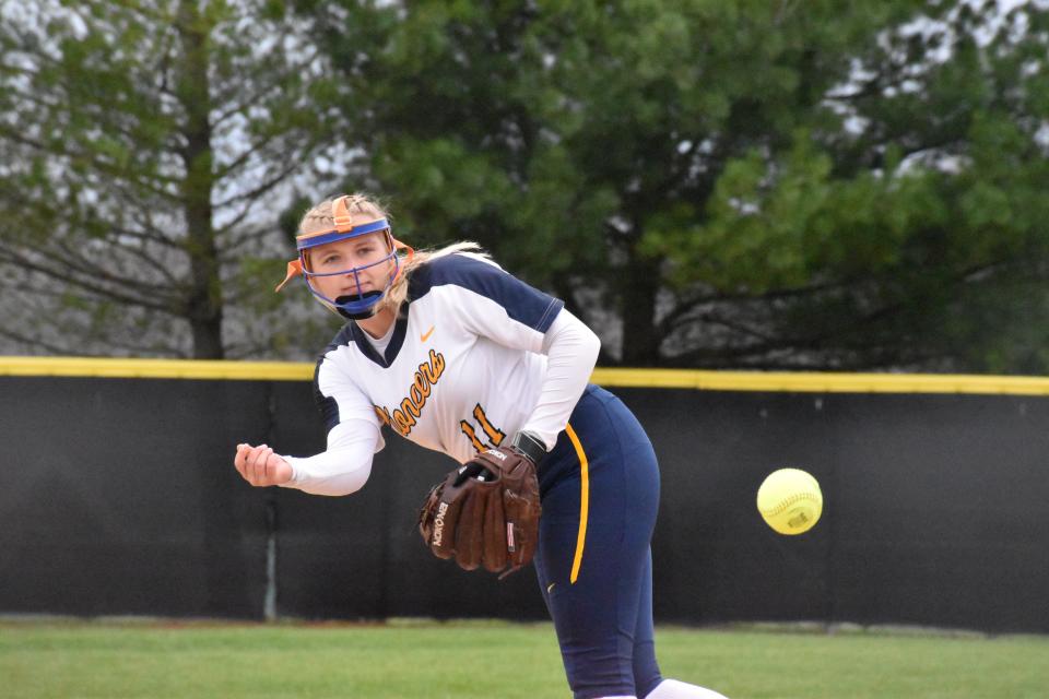 Mooresville&#39;s Josi Hair releases a pitch during the Pioneers&#39; game with Monrovia on April 15, 2022. The Pioneers won 16-0.
