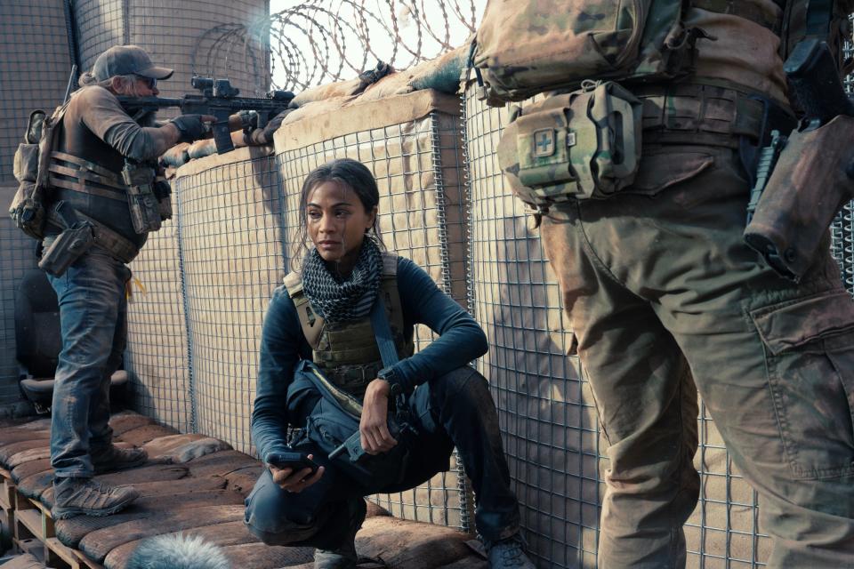 Zoe Saldana in the trenches of "Special Ops: Lioness" flanked by Marines (L-R James Jordan and Jill Wagner).