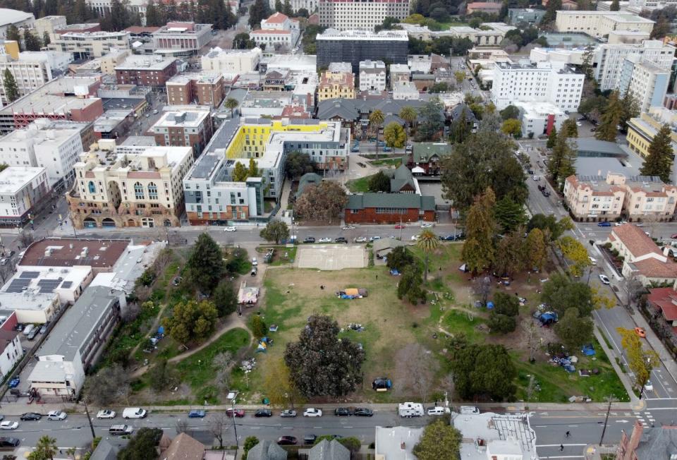 Homeless tents are seen in People's Park from a drone view.