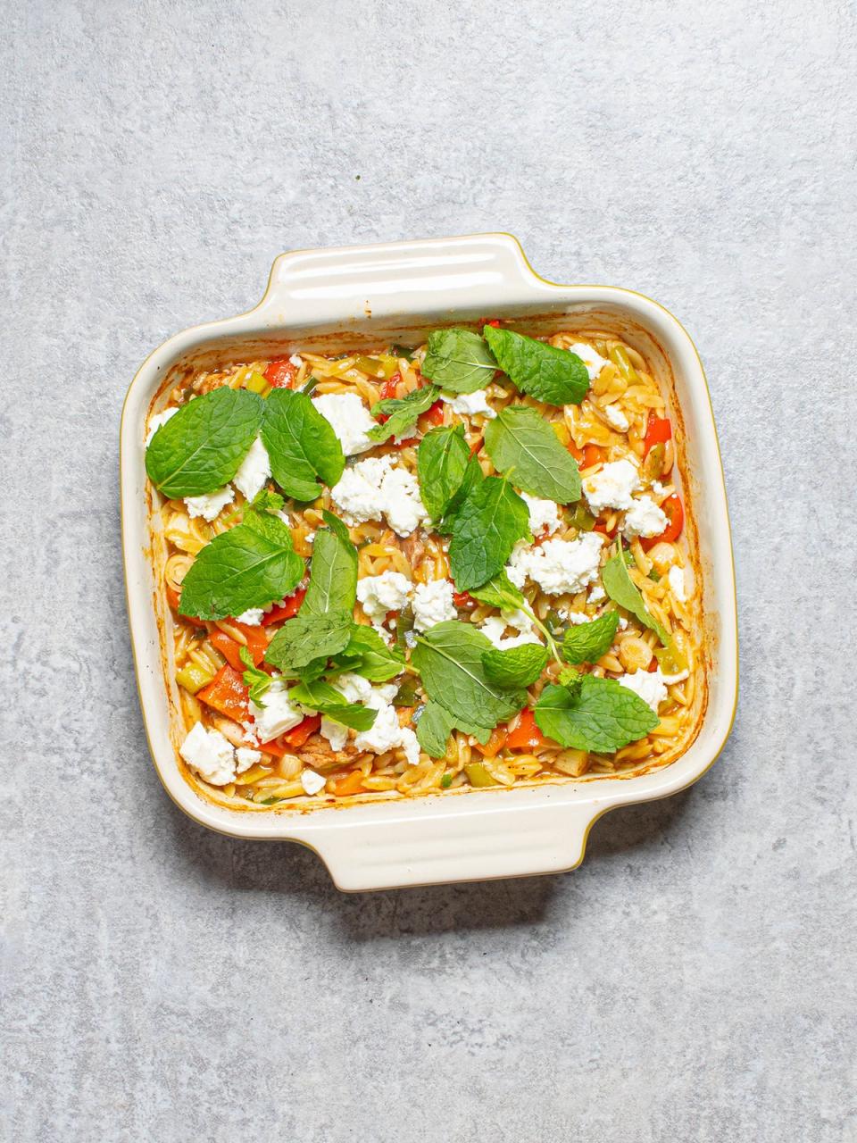 This Greek-style chicken orzo bake brings together bold flavours in one tray (Sorted Food)