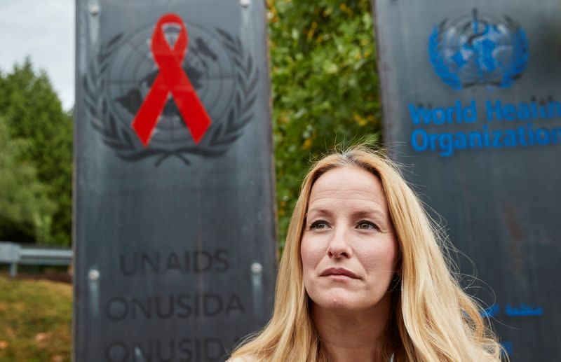 Brostrom former policy adviser at UNAIDS poses in front of the agency in Geneva