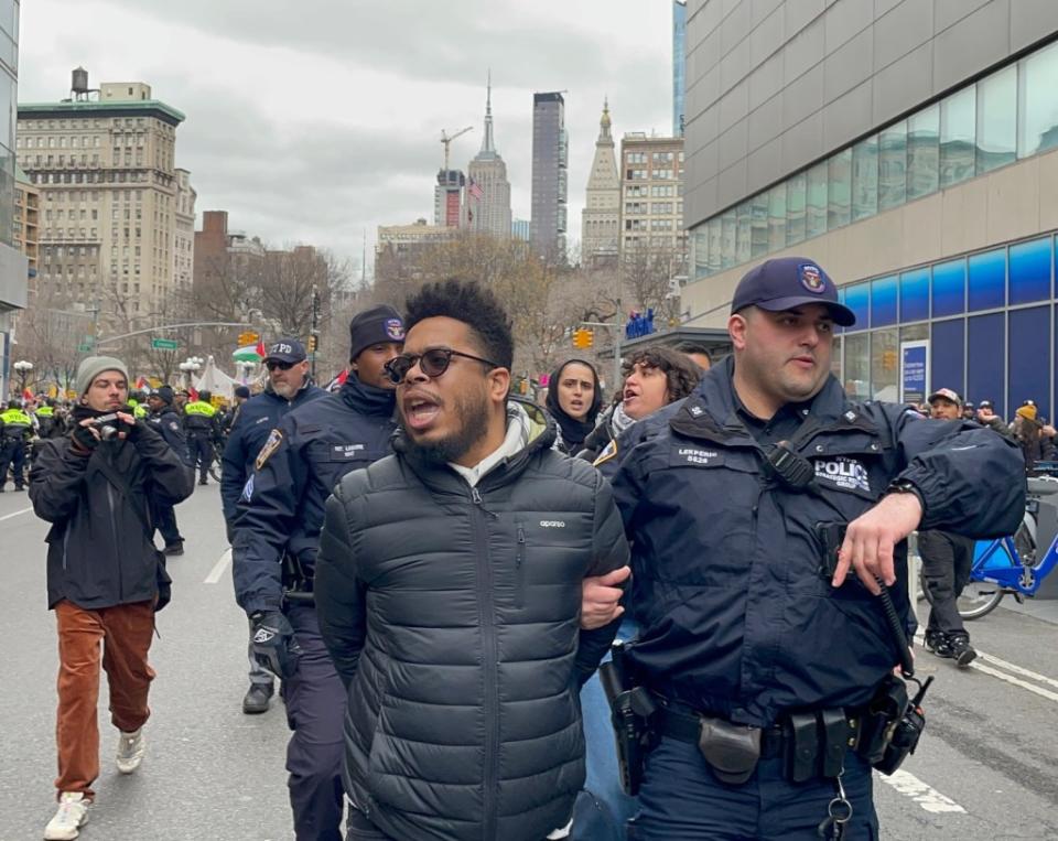 The People’s Forum Executive Director Manolo De Los Santos, who reportedly encouraged a group of Columbia University protesters to bring back the “summer of 2020” before they broke into Hamilton Hall last week, is arrested during a rally in the Big Apple in January. Instagram/@peoplesforumnyc