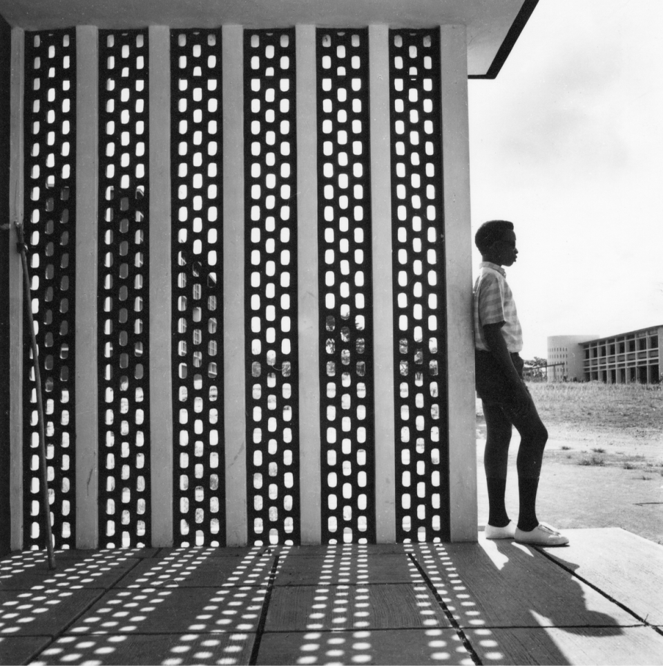 Boy and concrete screen at University College Ibadan, 1962 (Courtesy of RIBA)