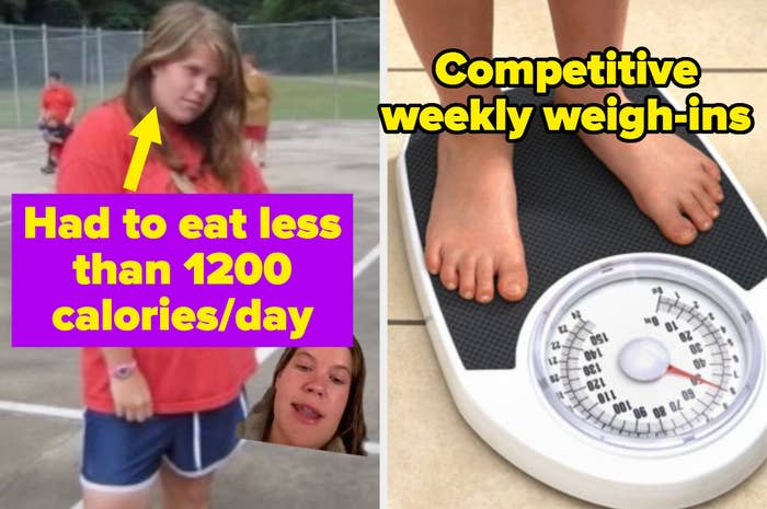 Hannah as a teenager with the words "Had to eat less than 1,200 calories/day"; a person on a scale with the words "competitive weekly weigh-ins"