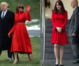 <p>Red is certainly one of the first lady’s favorite colors, having worn the bright shade to many important events in recent months, but the Duchess of Cambridge favors it as well. FLOTUS went so far as to match her red leather gloves to her Alice Roi jacket for a March trip, but Middleton kept things simple in 2014 with a black clutch and simple heels. (Photos: Getty Images) </p>