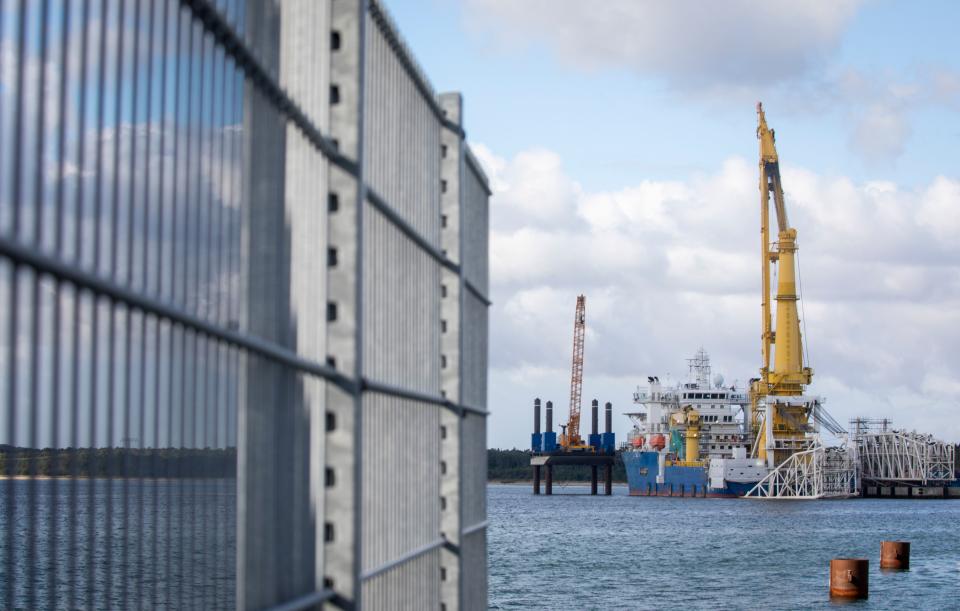 The Russian pipe laying vessel Akademik Cherskiy to complete the Nord Stream 2 gas pipeline project is moored in the port of Mukran on the island of Rügen, north eastern Germany on September 7, 2020. - German Chancellor Angela Merkel will not rule out consequences for the Nord Stream 2 gas pipeline project if Russia fails to thoroughly investigate the poisoning of opposition leader Alexei Navalny, her spokesman said on September 7, 2020. (Photo by Odd ANDERSEN / AFP) (Photo by ODD ANDERSEN/AFP via Getty Images)