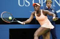 Sept 9, 2017; New York, NY, USA; Sloan Stephens of the USA hits to Madison Keys of the USA in the Women's Final in Ashe Stadium at the USTA Billie Jean King National Tennis Center. Mandatory Credit: Robert Deutsch-USA TODAY Sports